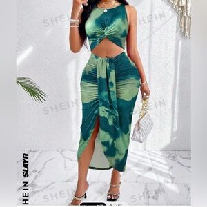 SHEIN Slayr Women Tie-Dye Allover Print Twist Knot Cutout Ruched Wrap